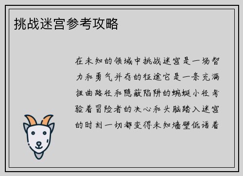 挑战迷宫参考攻略